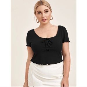 SHEIN black lettuce edges knot front crop top